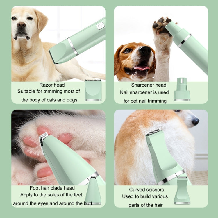 Green pet hair clipper kit showing multiple heads: razor, nail, and foot blades