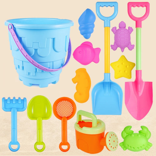Kids beach sand toy set with blue bucket, shovels, and castle sand molds.