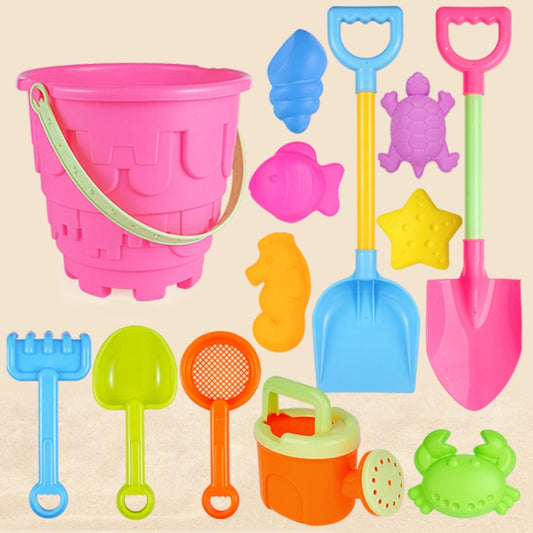Kids beach sand toy set with pink bucket, shovels, and castle sand molds.