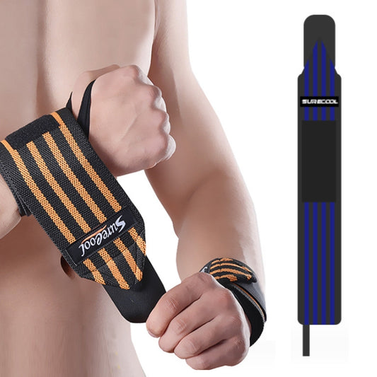 Black weightlifting wrist wrap with orange striped band and velcro closure