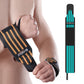 Black weightlifting wrist wrap with turquoise striped band and velcro closure