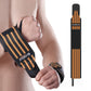 Black weightlifting wrist wrap with orange striped band and velcro closure