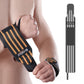 Black weightlifting wrist wrap with gray striped band and velcro closure
