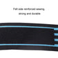 Close-up of black fabric wrist wrap with blue striped reinforced stitching