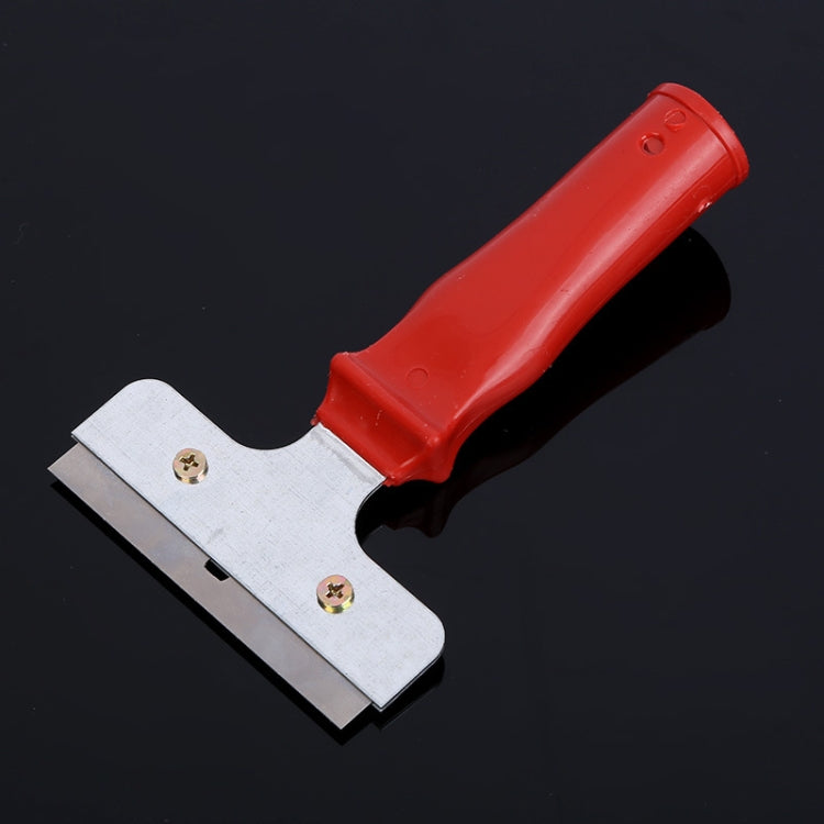 Plastic-handled window scraper with wide metal blade and riveted screws