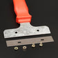 Window scraper head close-up with steel blade, red handle, and mounting screws