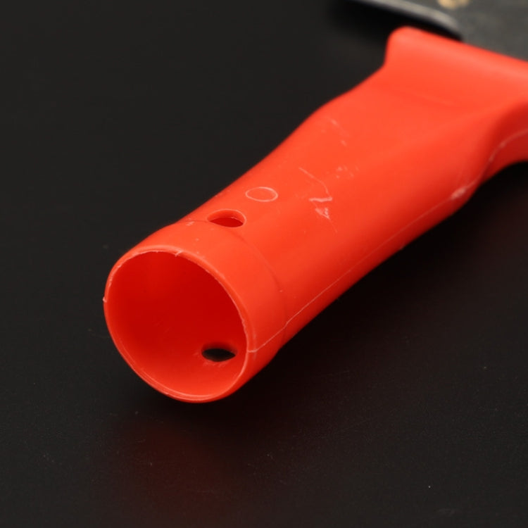 Red plastic handle end of window scraper with finger-hole design