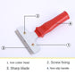 Window scraper tool with wide steel blade and non-slip red plastic handle