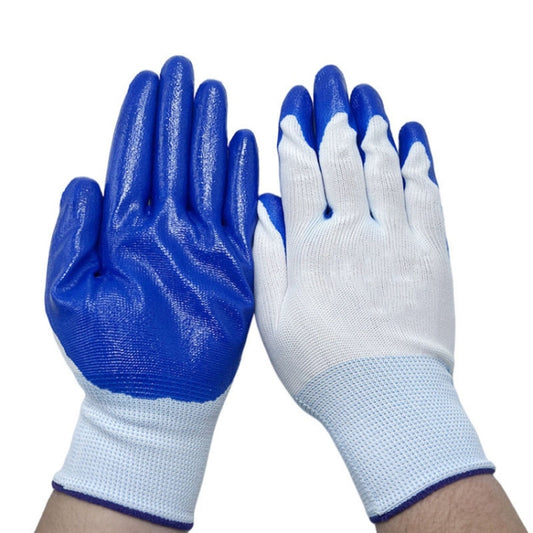 Pair of blue and white half-nitrile work safety gloves with rubberized grip