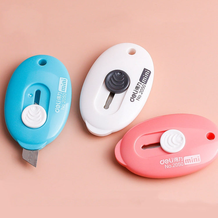 Mini utility knife stationery set with blue, white, and pink retractable blades.