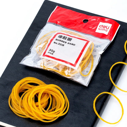 Yellow rubber bands set in clear pouch with red Deli label