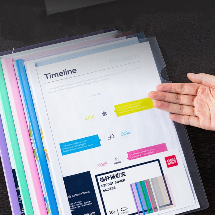 A4 transparent report cover insert with timeline page, hand holding the cover