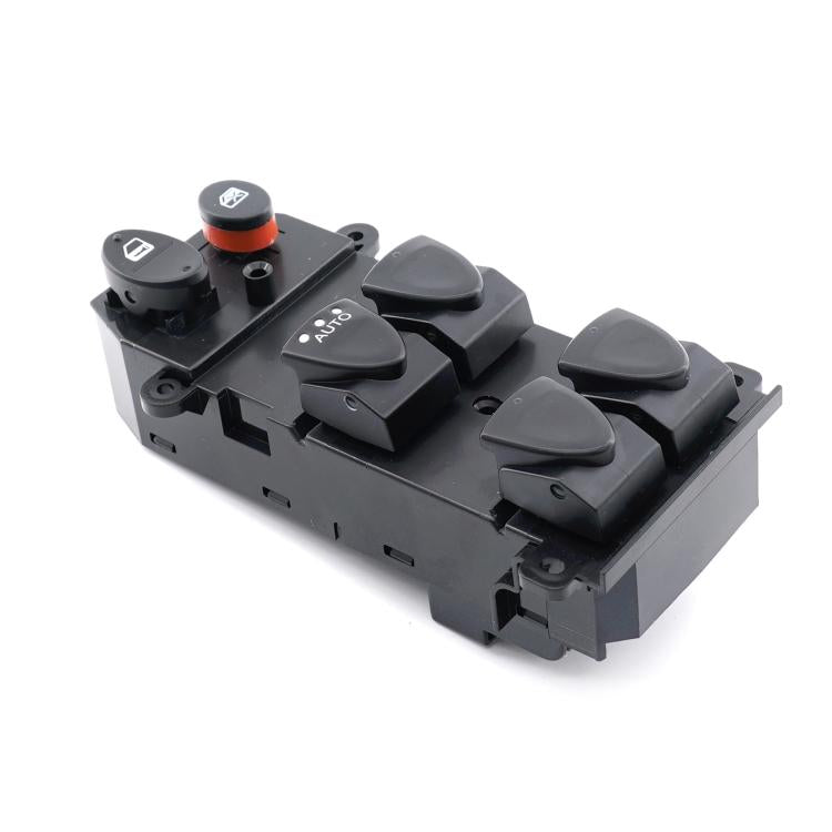 Power window switch panel with AUTO rocker buttons and orange knob, black