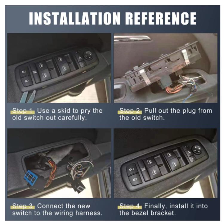 Power window switch installation guide graphic showing switch in door panel