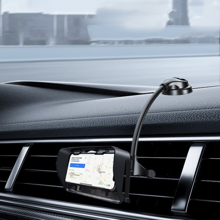 Black car air vent phone holder with flexible neck and suction mount base