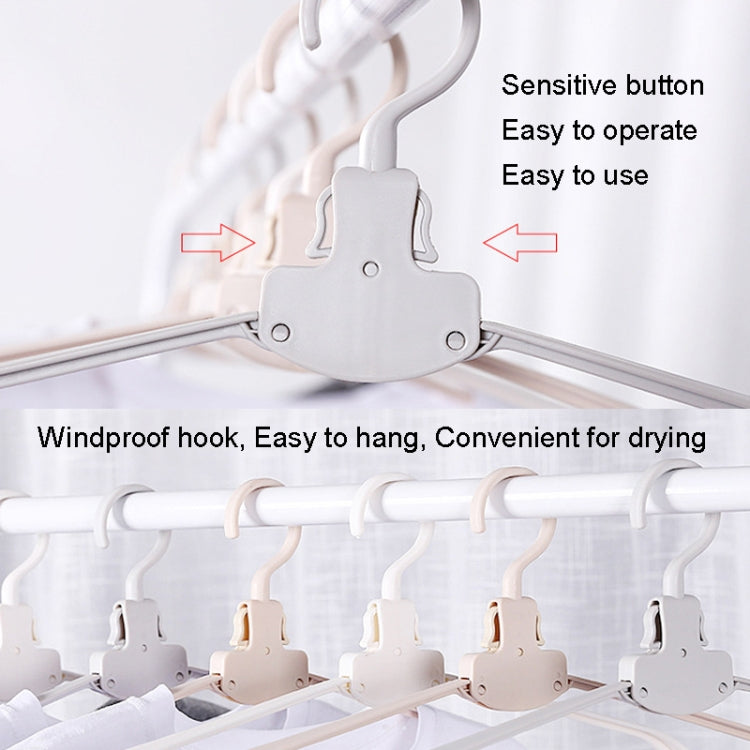 Plastic folding hanger with side button and hook, multiple hangers on a rod