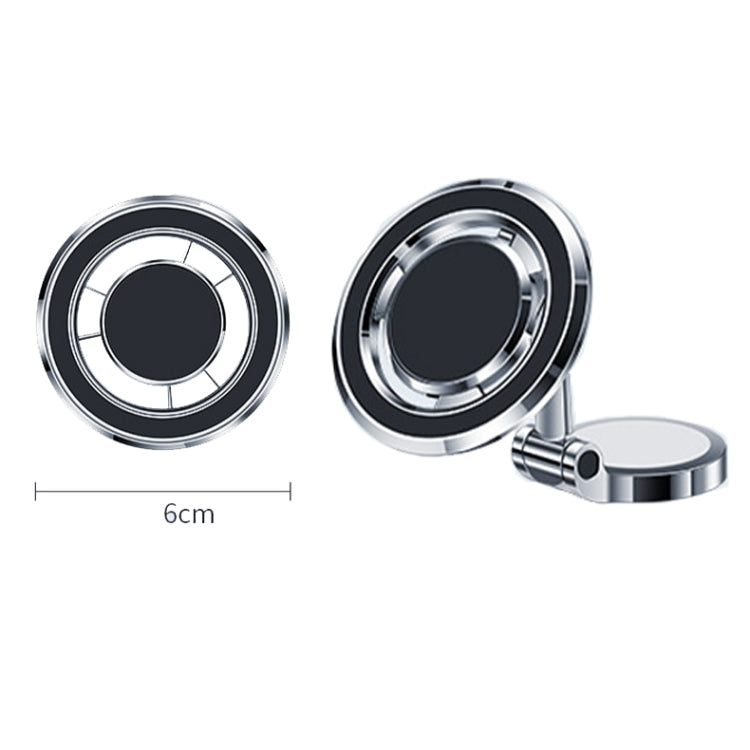 Silver magnetic phone holder with foldable base, side clamp, and 6cm reference