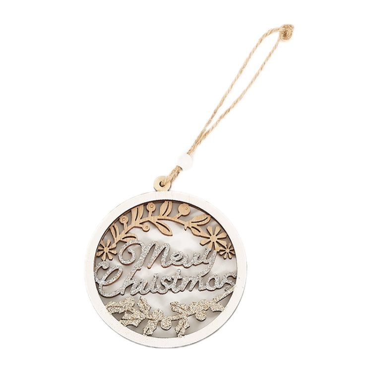 Round wooden Christmas pendant with “Merry Christmas” lettering and snowflake accents; hanging