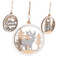 Set of three round wooden Christmas pendants with deer and “Merry Christmas” designs on strings