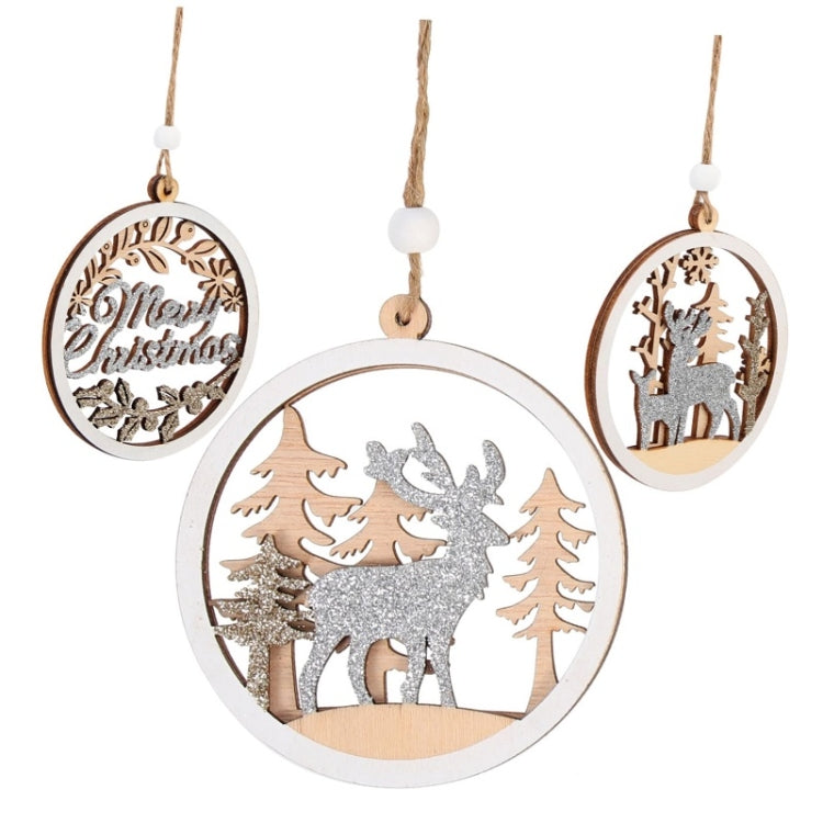 Set of three round wooden Christmas pendants with deer and “Merry Christmas” designs on strings