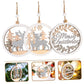 Three round wooden Christmas pendants with deer and “Merry Christmas” designs on hanging strings