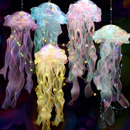 Group of iridescent jellyfish night light lamps glowing in rainbow colors, hanging.