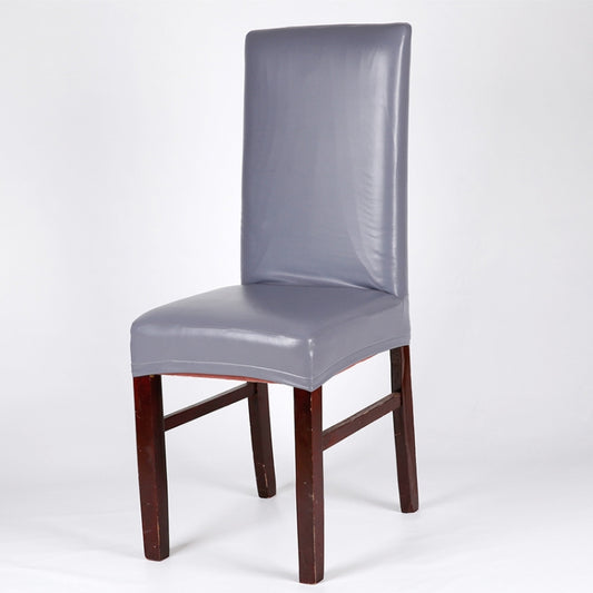 Grey elastic chair cover with smooth PU look for chair seat and tall backrest