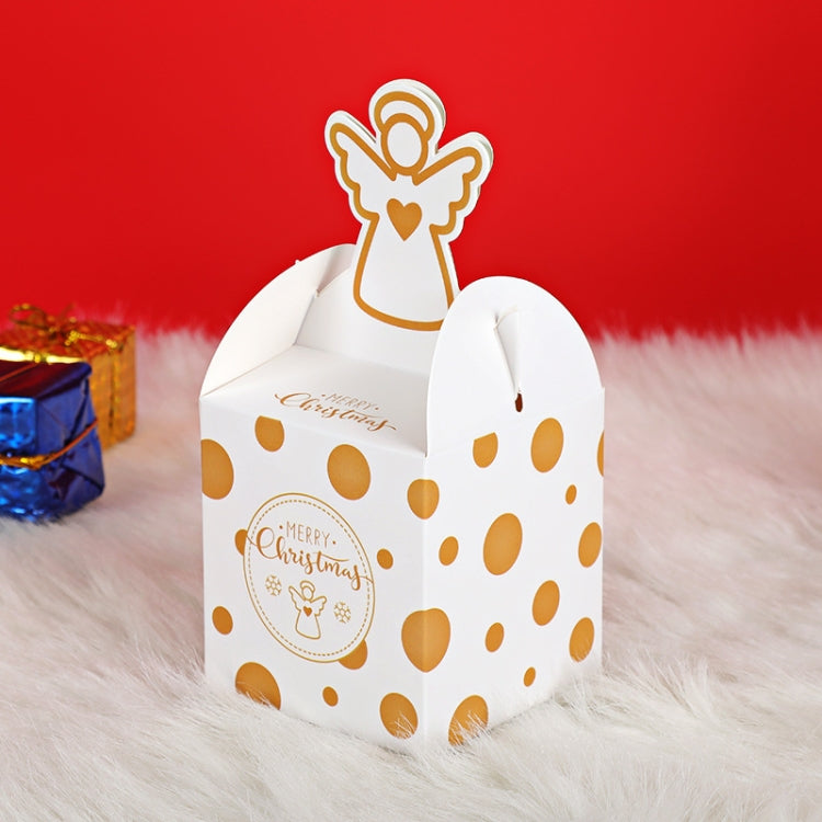 White polka-dot Christmas candy gift box with angel cutout lid