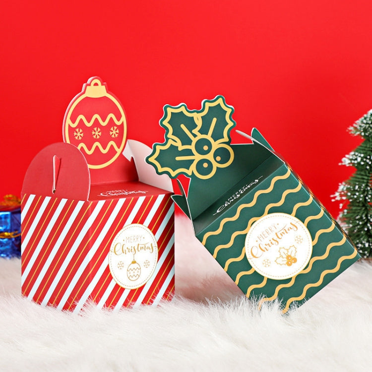Two Christmas candy gift boxes: red striped and green wave with ornament topper cutouts