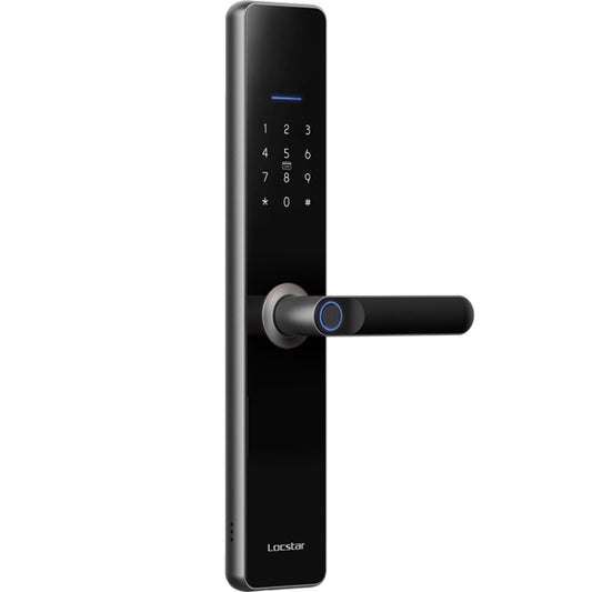 Wifi fingerprint door lock with keypad and lever handle, dark display and space gray body