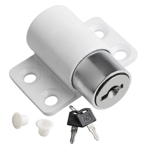 White sliding door child-safety limit lock with silver cylinder, keys, and mounting plate