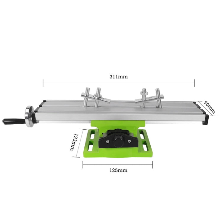 Aluminum drilling table with green base and black adjustable clamp, side view