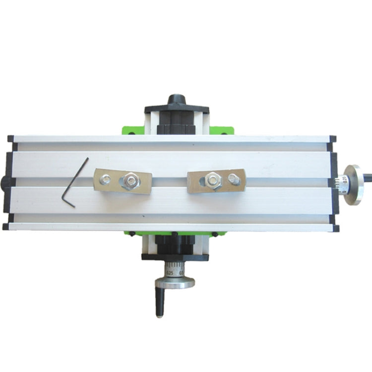 Aluminum rail drilling table with two metal mounting blocks and central tool holder
