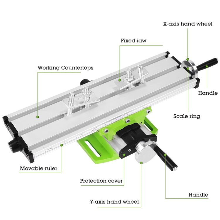 Aluminum drilling table with hand wheels, scale ring, and black protection cover