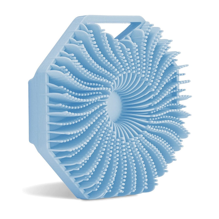 Blue silicone body bath brush with circular scrubbing fins on a square holder