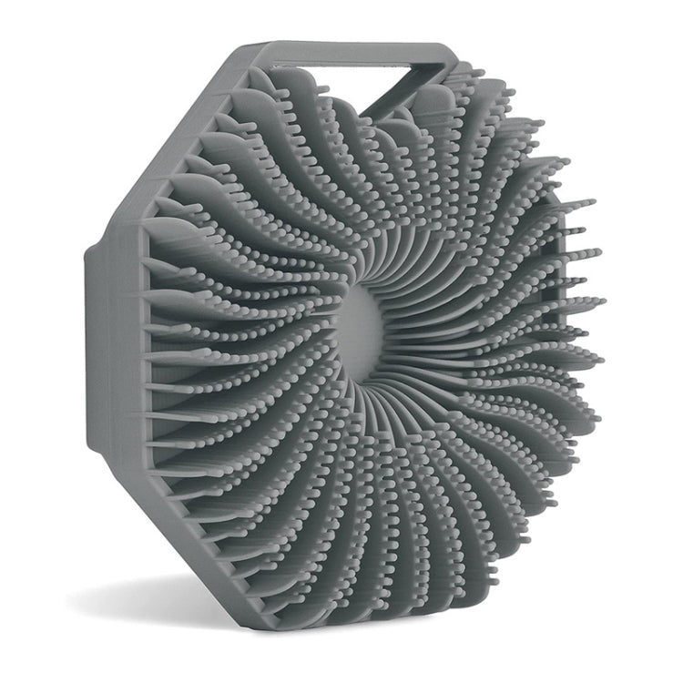 Grey silicone body bath brush with circular scrubbing fins on a square holder