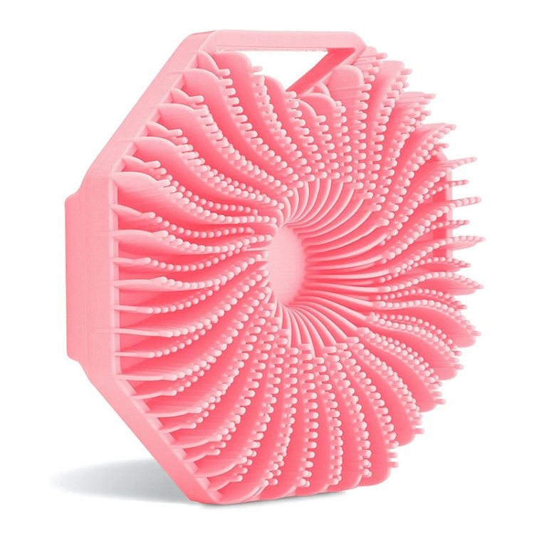 Pink silicone body bath brush with circular scrubbing fins on a square holder