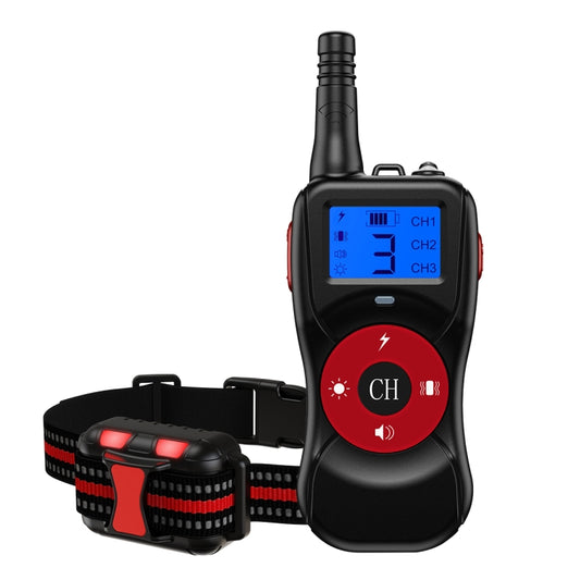 Waterproof dog training remote with red indicator screen and matching collar set