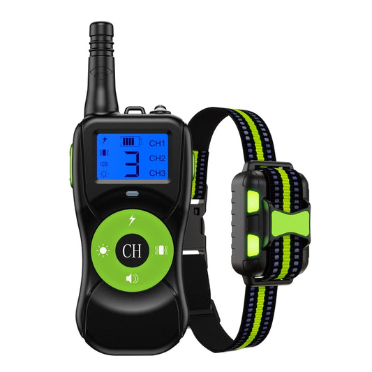 Waterproof dog training remote with green dial screen and neon green beaded collar