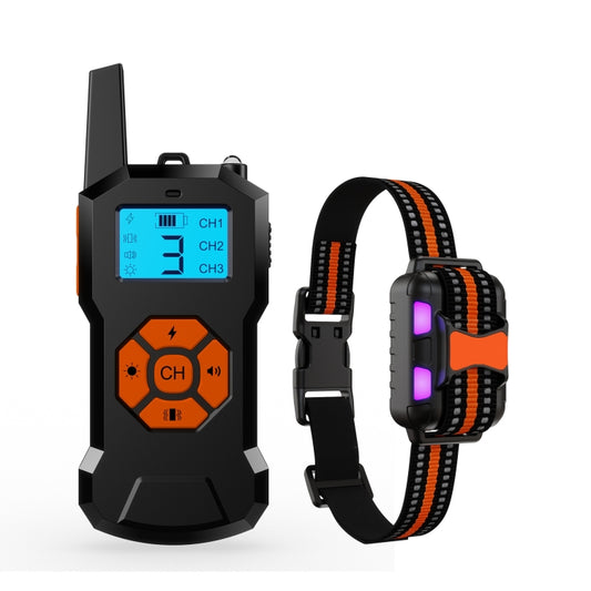 Dog training shock collar remote with LCD screen and orange CH control buttons