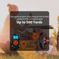 Dog training shock collar remote and receiver shown with long-range use callout