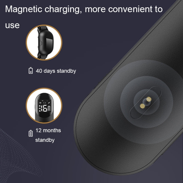 Black shock collar receiver with magnetic charging contacts and waterproof seal detail