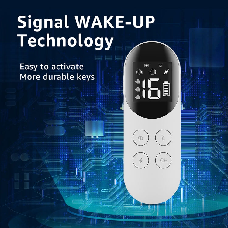 White remote control with LCD screen and round buttons for training