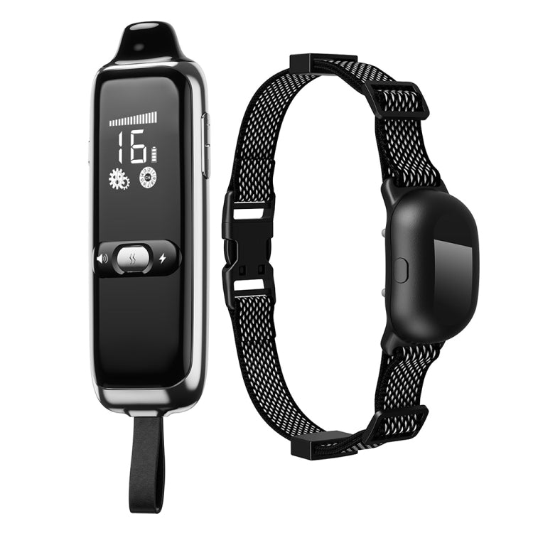 Dog training remote and receiver collar with black mesh strap and control buttons