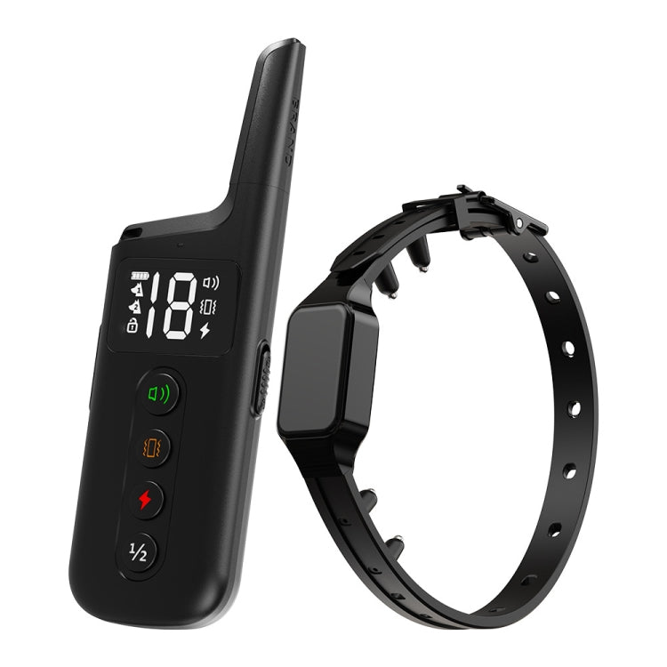 Black electronic dog training collar receiver with handheld remote and display screen