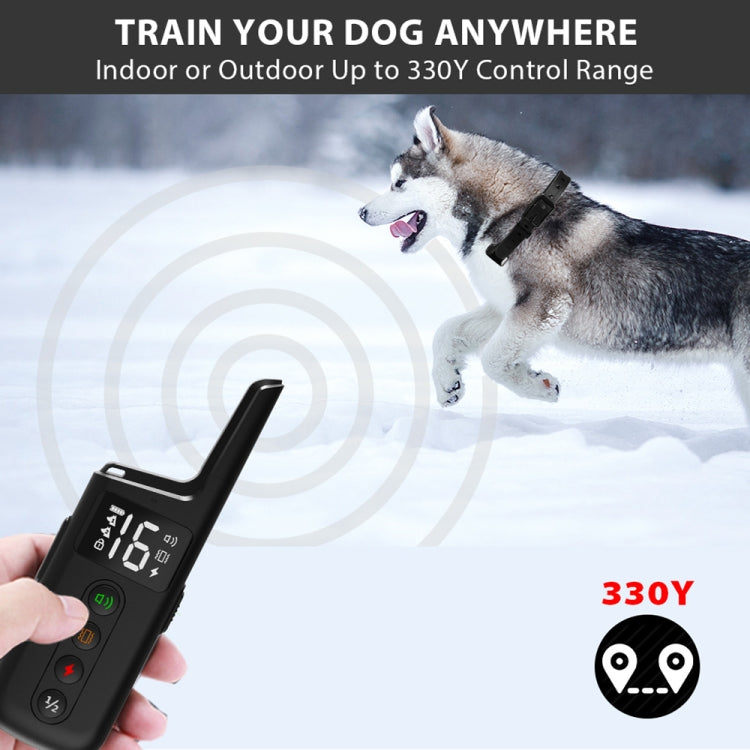 Dog wearing black training collar receiver in snow with handheld remote nearby