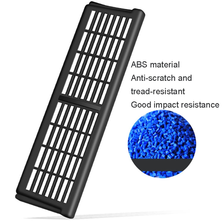 Under-seat vent protection cover, black grille with vertical slats, angled view