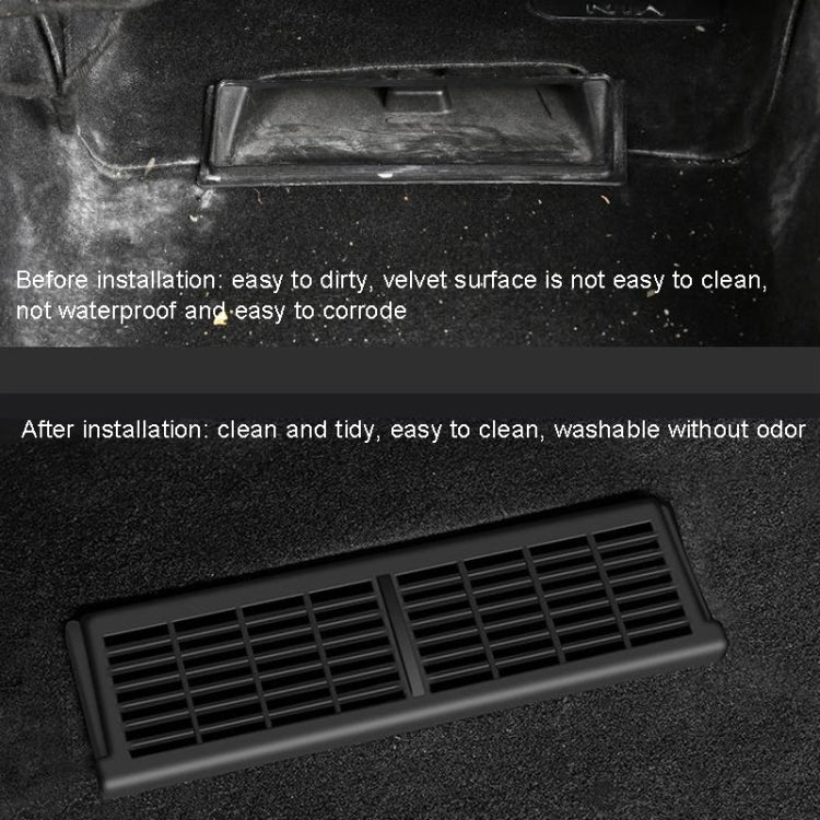 Installed under-seat vent protection cover, black rectangular grille insert, side view