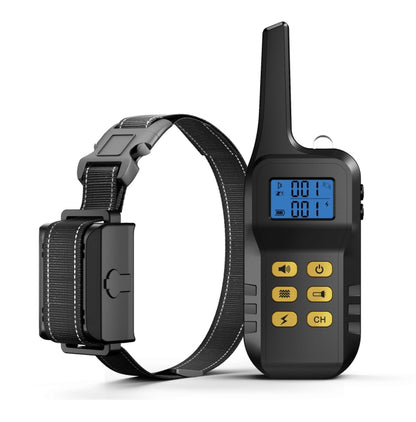 Dog training collar receiver with black nylon strap and LCD remote, waterproof design