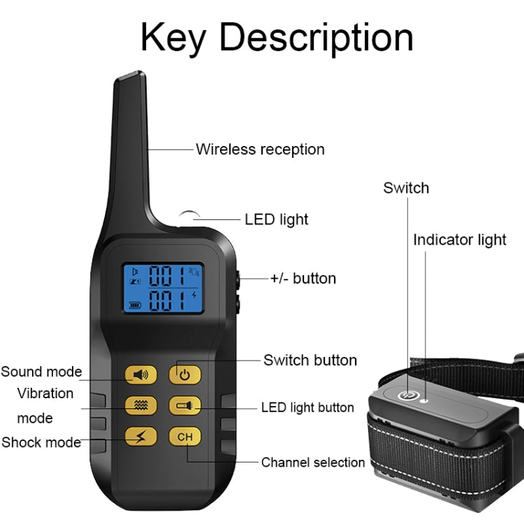 Dog training remote with LED display, mode buttons, and indicator light, wireless